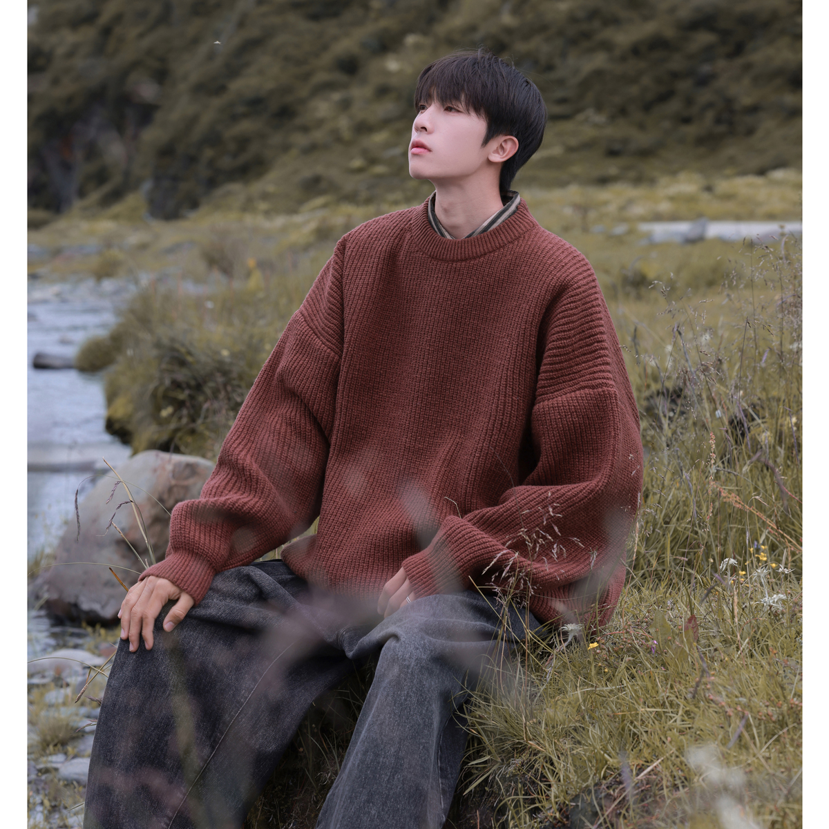 深咖啡圆领线衣针织衫男春秋vintage打底衫日系复古潮牌慵懒毛衣