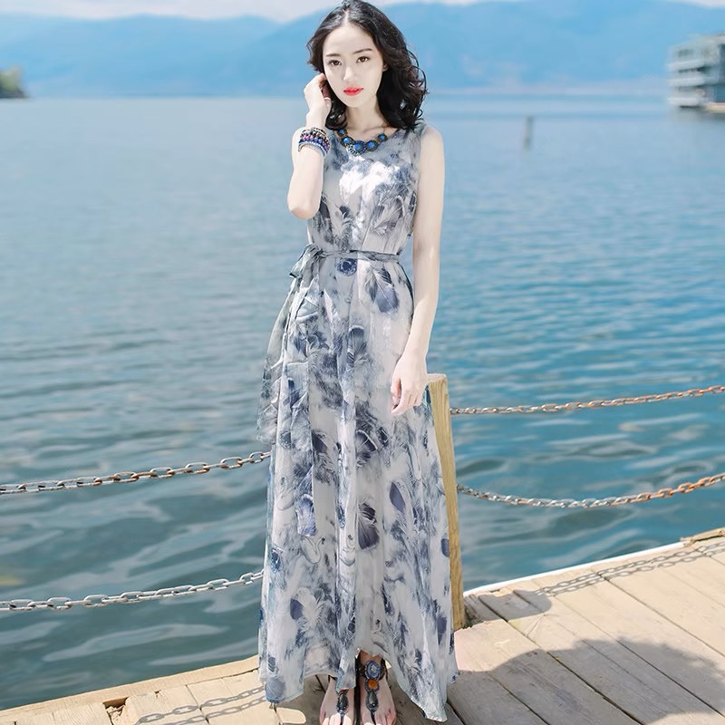 2025新款气质女装早春夏沙滩裙高级感水墨画海边度假雪纺连衣裙子