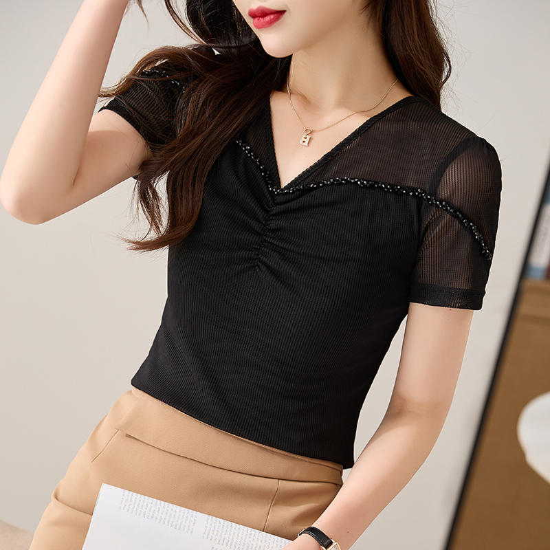 欧货性感V领拼接钉珠网纱短袖t恤女夏季2024新款气质修身百搭上衣