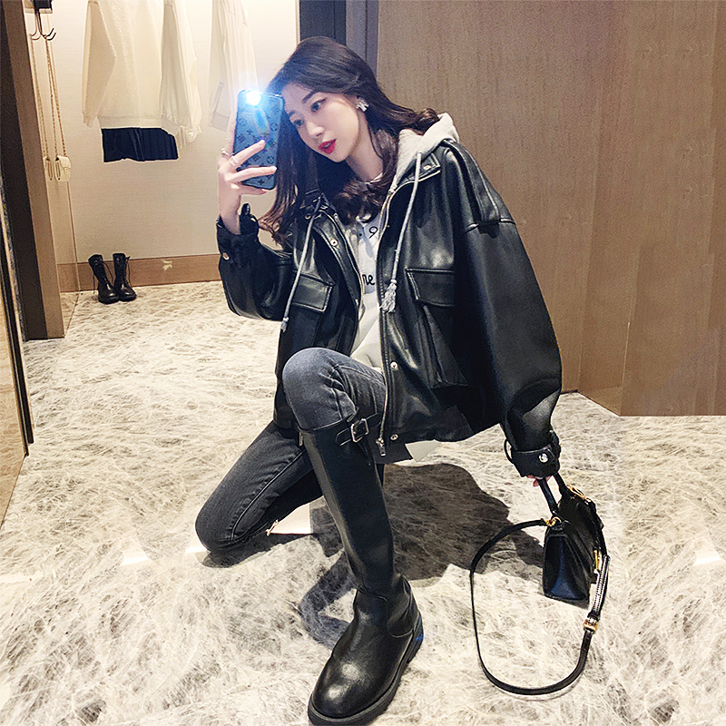 假两件皮衣外套女2025新款韩版连帽休闲小个子短款机车服pu皮夹克