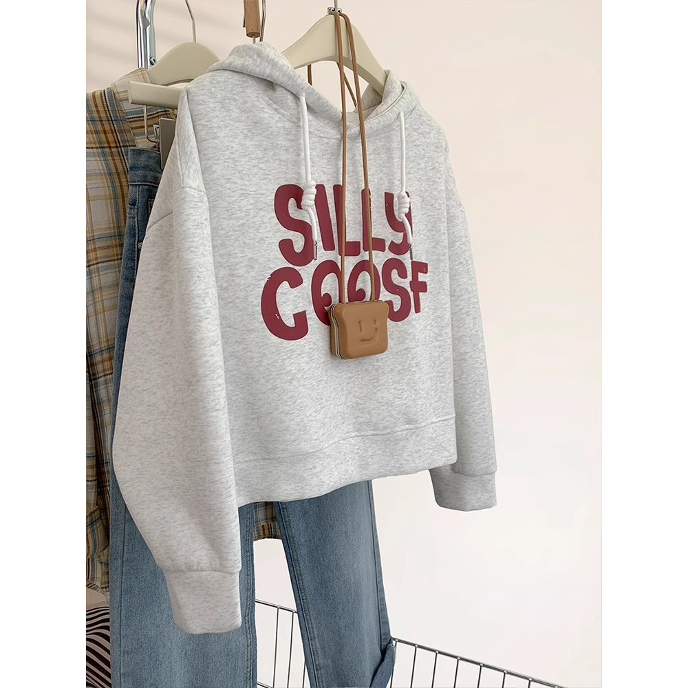 温柔甜美小女生！美式字母灰色连帽短款卫衣女春秋宽松慵懒风上衣