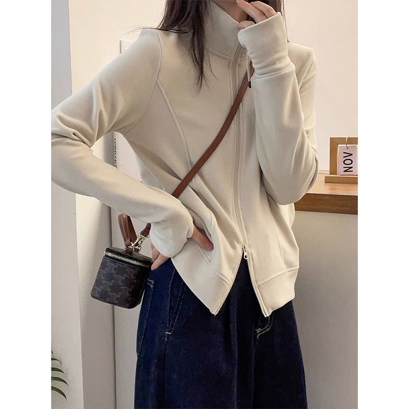 欧货韩版双拉链德绒立领卫衣女2025春季新品显瘦弹力简约打底开衫