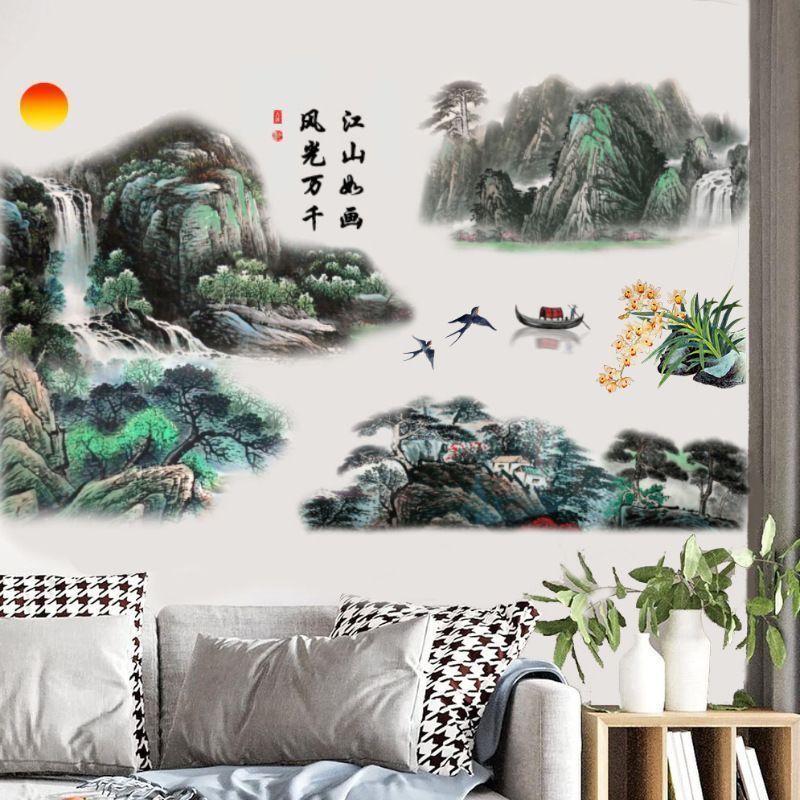 墙贴中国风电视客厅挂画背景墙墙贴贴画山水画贴纸自粘墙面贴画