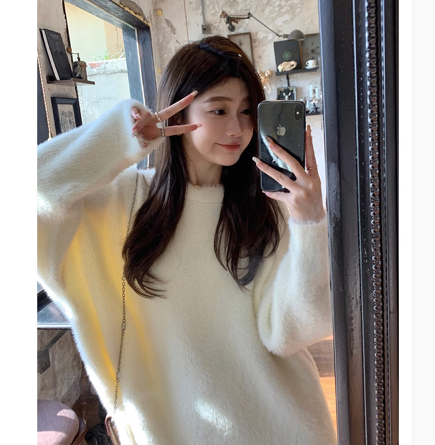 水貂绒毛衣女秋冬新款针织衫宽松慵懒风白色奶fufu长袖韩版打底衫