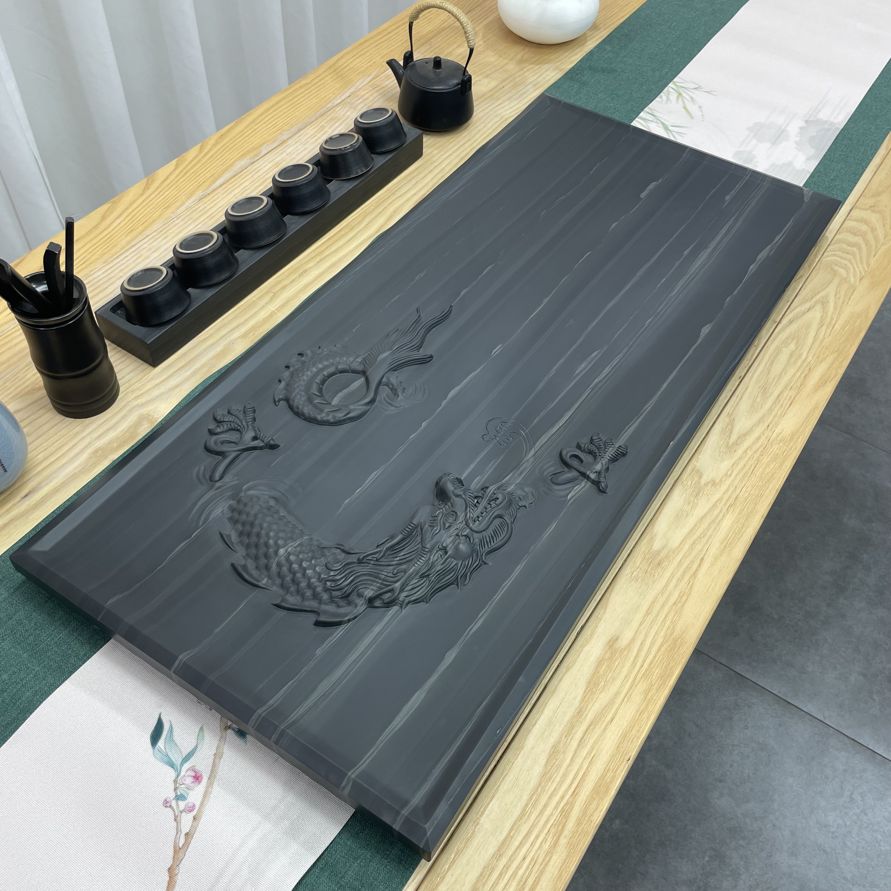 龙吸水皇庭玉天然石茶盘立体浮雕排水式茶台办公用整板石茶台新款