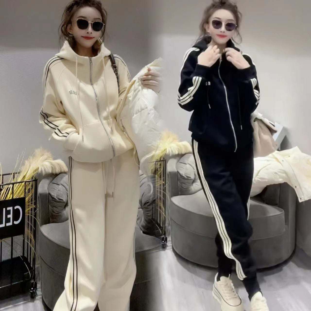 时尚休闲运动套装新款连帽拼色条纹拉链卫衣裤子两件套洋气减龄