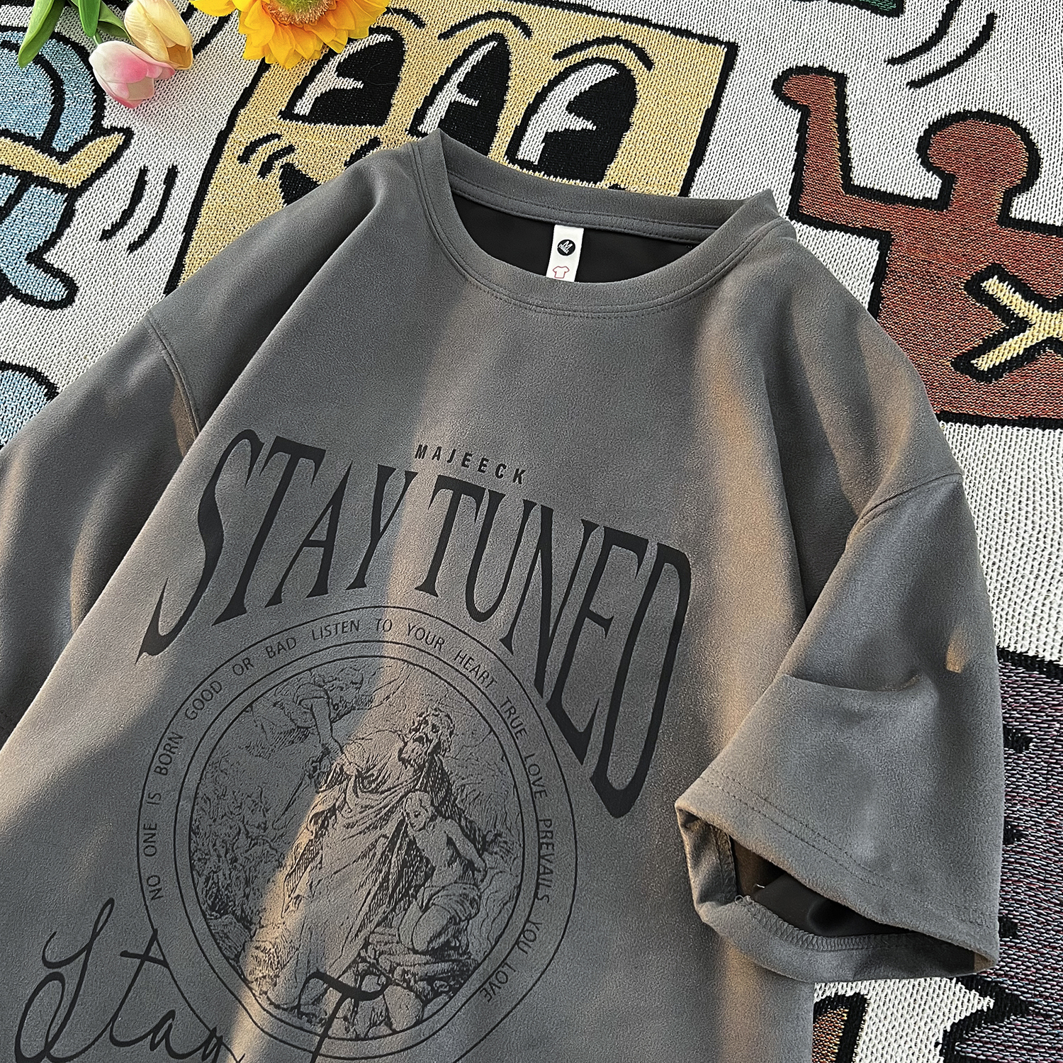 麂皮绒短袖t恤男夏季2024新款美式男装体恤男生潮牌重磅半袖衣服