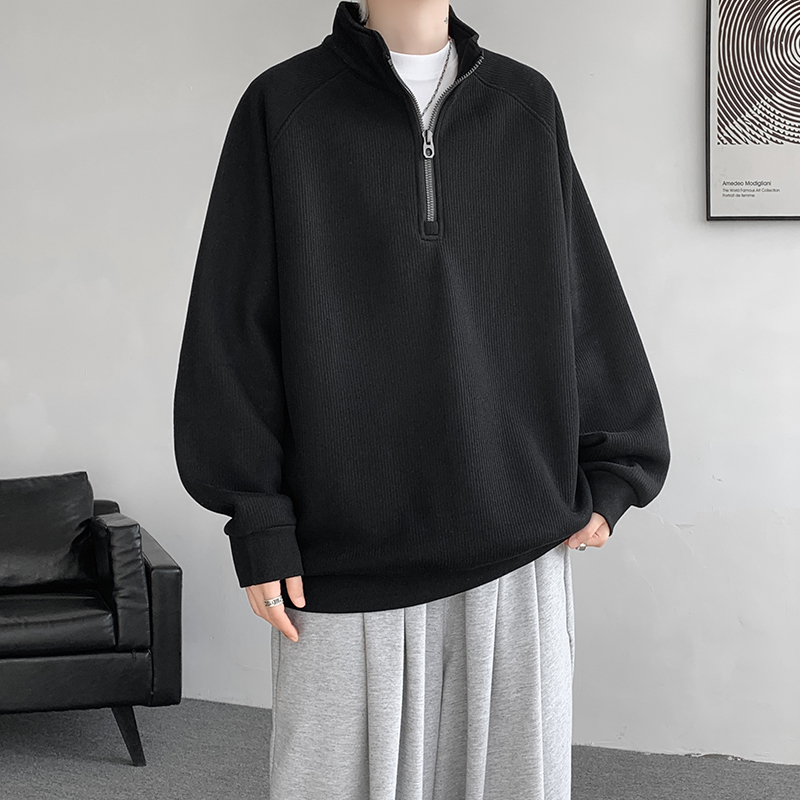 半拉链高领卫衣男春秋潮牌宽松大码打底衫美式复古设计感小众外套