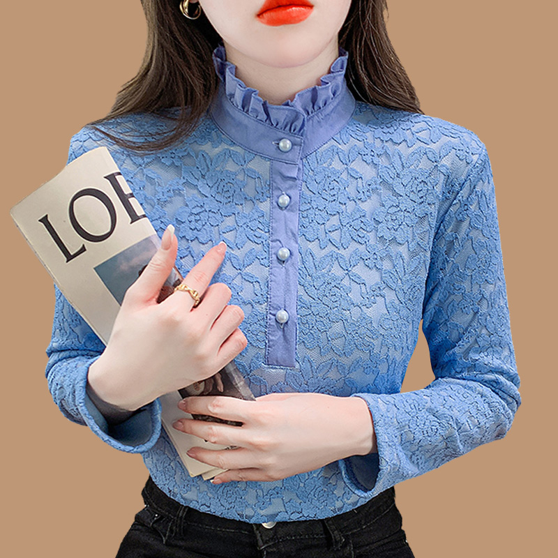 半高领蕾丝加绒打底衫女秋冬洋气内搭可外穿大码妈妈小衫保暖上衣