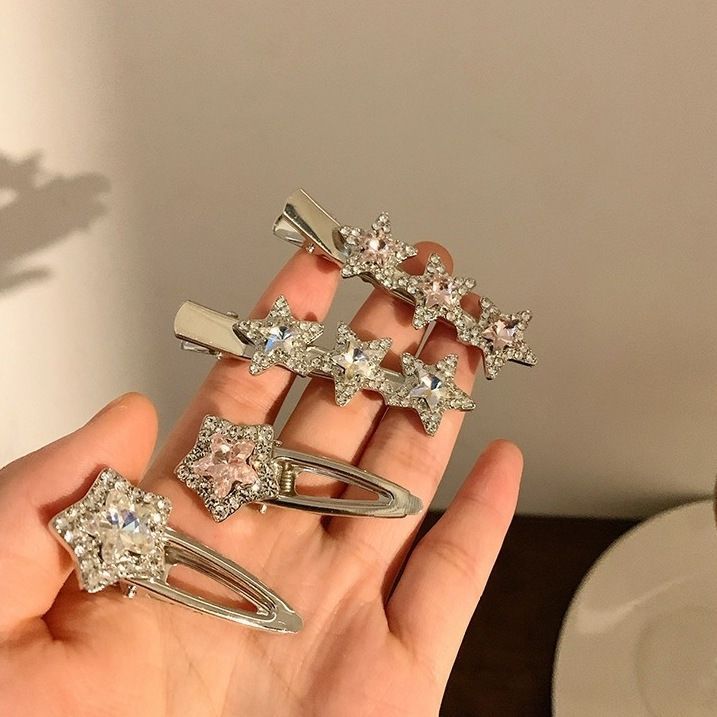y2k~多巴胺五角星星发夹重工水钻一字夹边夹侧边碎发鸭嘴夹头饰