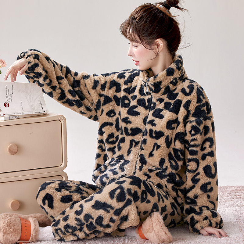【锁温保暖】毛绒豹纹秋冬新款长毛加绒加厚家居服睡衣女法兰绒