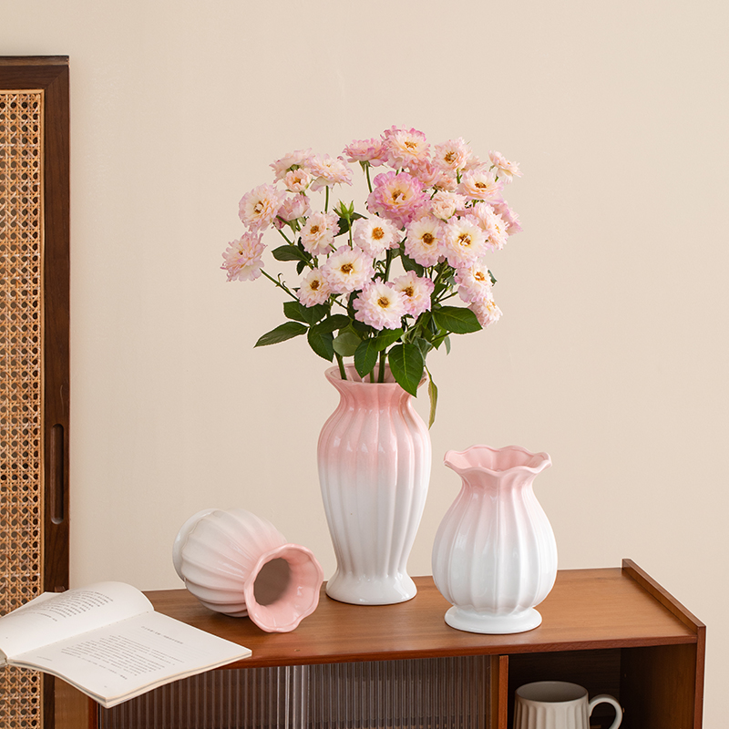 简约创意粉色渐变陶瓷花瓶客厅餐桌高级感插花摆件干花鲜花装饰品