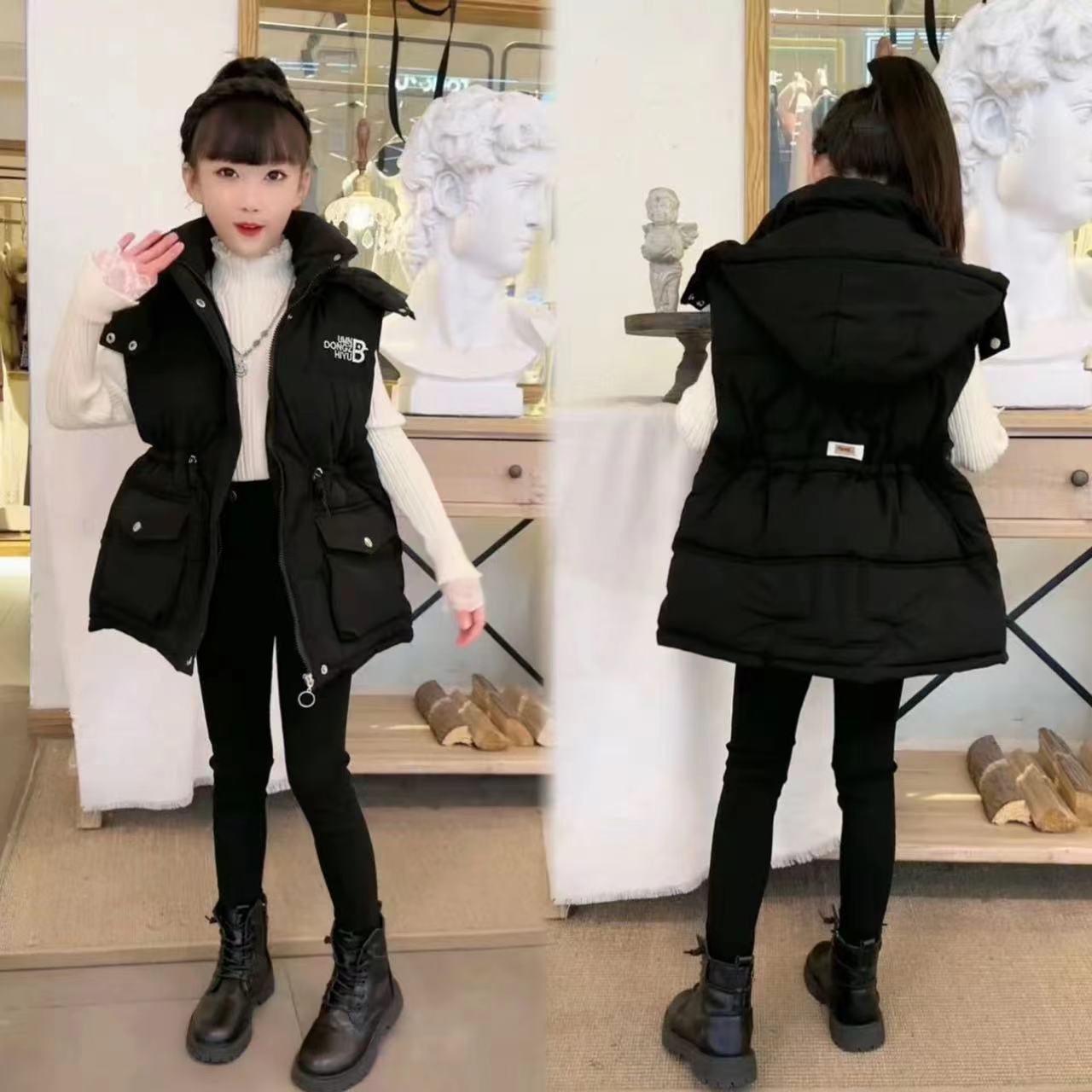 女童收腰连帽马甲秋冬2025新款中大童韩版宽松中长款工装马夹坎肩