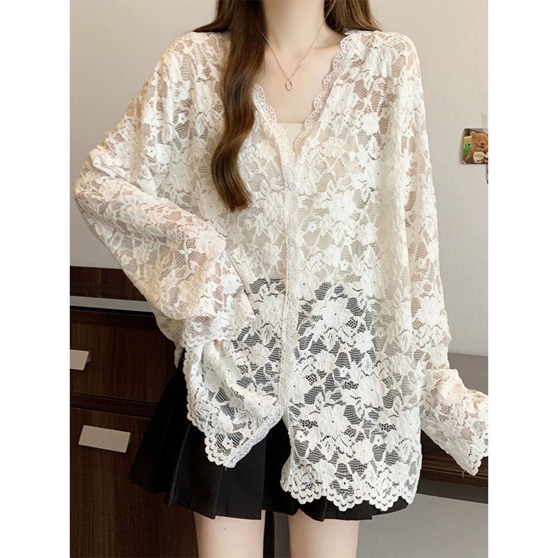 法式复古蕾丝镂空打底衫秋冬新款胖mmV领宽松百搭叠穿长袖T恤上衣