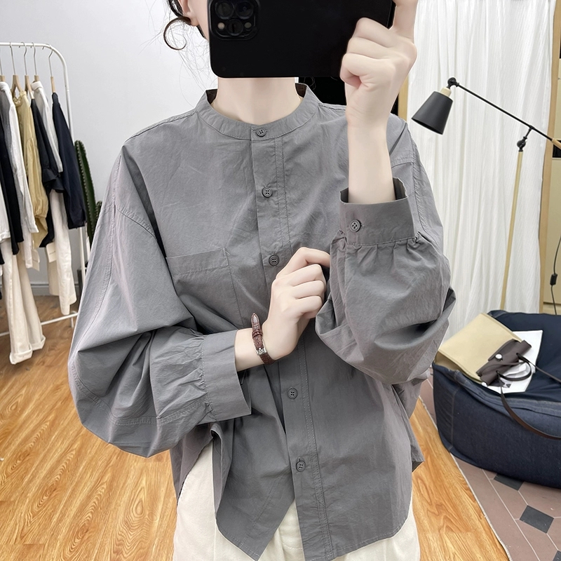 纯棉小立领长袖衬衫女春秋设计感蝙蝠袖宽松上衣2025新款打底衬衣
