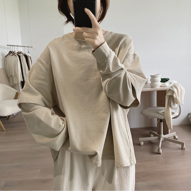 秋季新款棉质长袖T恤女宽松显瘦韩版设计感简约时尚减龄圆领上衣