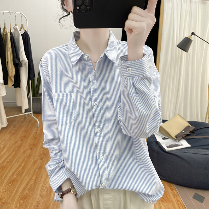 春秋季时尚纯棉polo领条纹长袖衬衫女复古减龄设计感新款打底衬衣