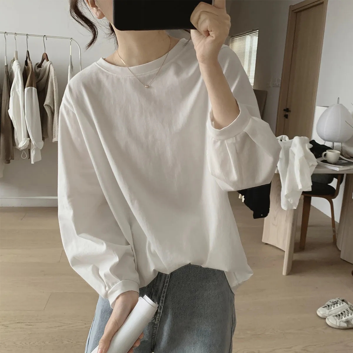 纯棉灯笼袖t恤女春秋季新款宽松显瘦简约褶皱九分袖上衣时尚设计