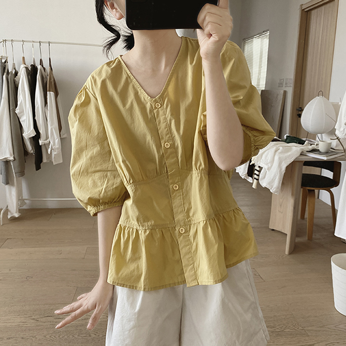 纯棉泡泡袖衬衫女夏新款宽松显瘦v领韩版褶皱小众设计感短袖上衣
