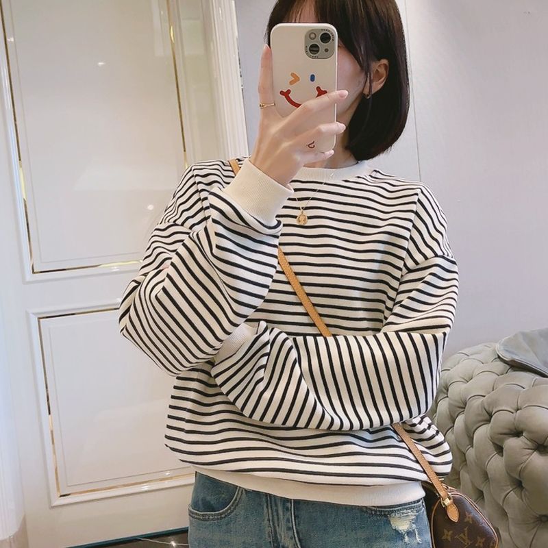 纯棉2025春秋季新款洋气减龄经典条纹圆领套头卫衣女百搭长袖上衣