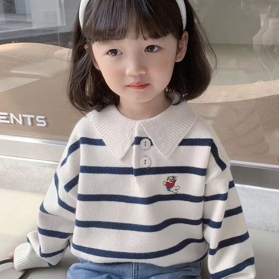 女童刺绣小童针织毛衣儿童卡通洋气polo领童装秋冬新款外套上衣