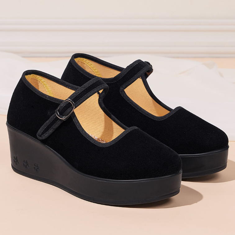 新款老北京布鞋女士坡跟厚底酒店工作鞋中老年舞蹈鞋高跟防滑礼仪