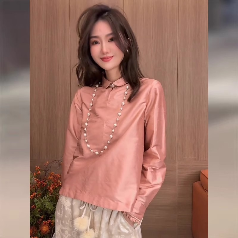 新中式国风女装盘扣上衣2024秋冬新款高级感复古百搭粉色打底衬衫