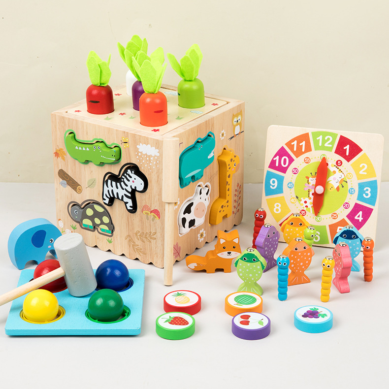 儿童木制形状图案益智配对积木六面体多功能智力盒拼装组合玩具