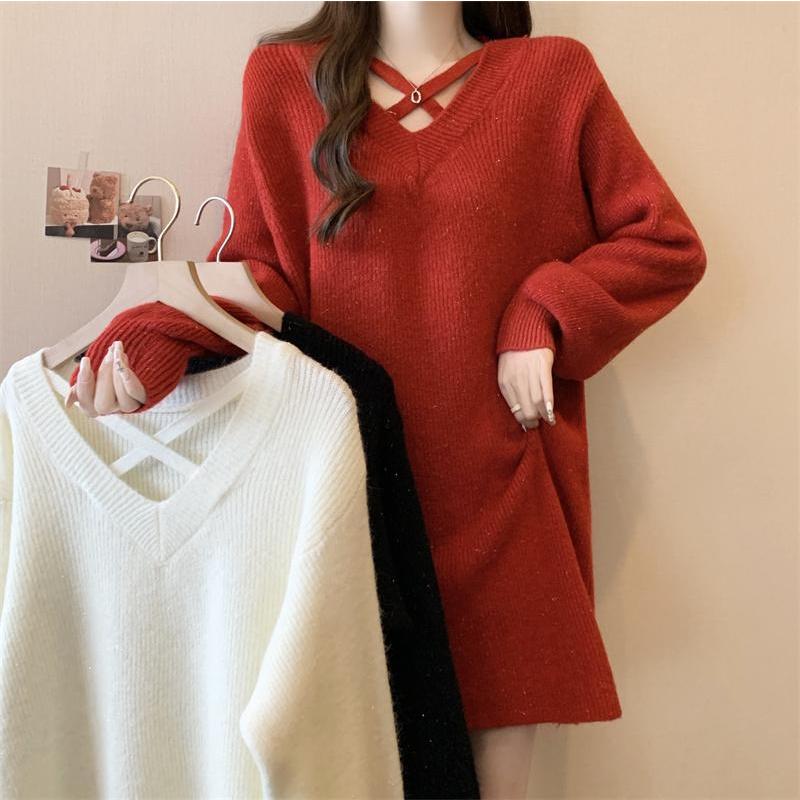 大码女装新款赫本风小心机镂空系带宽松灯笼袖亮丝针织裙