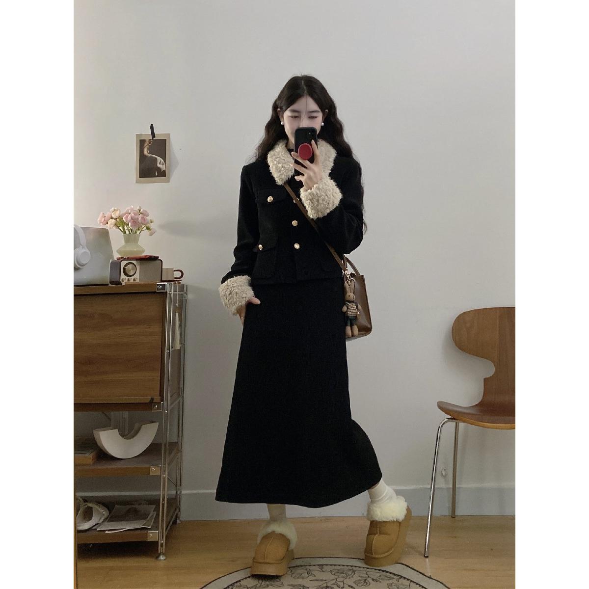 秋冬胖mm撞色毛料显瘦时髦高级感遮肚子外套半身裙夹棉套装