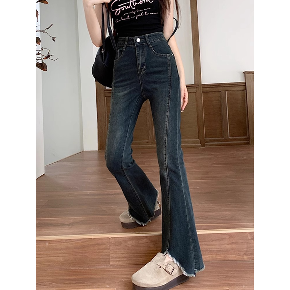 【现货+运费险】大码加绒微喇毛边开叉牛仔裤女高腰显瘦遮跨喇叭裤