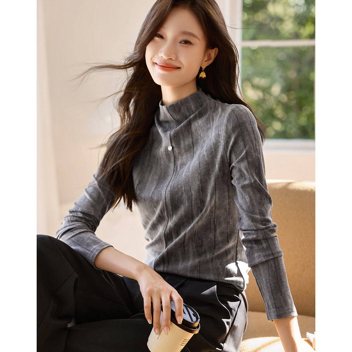 沫晗依美休闲基础扎染保暖长袖内搭2025年冬季显瘦保暖打底衫女款