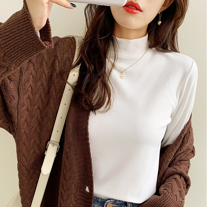 白色半高领长袖打底衫女秋冬新款内搭T恤修身保暖上衣洋气秋季