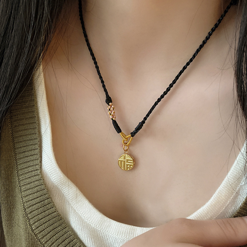 非金属布艺项链 可穿自有吊坠桃花编织黑绳项链女手工半成品挂绳