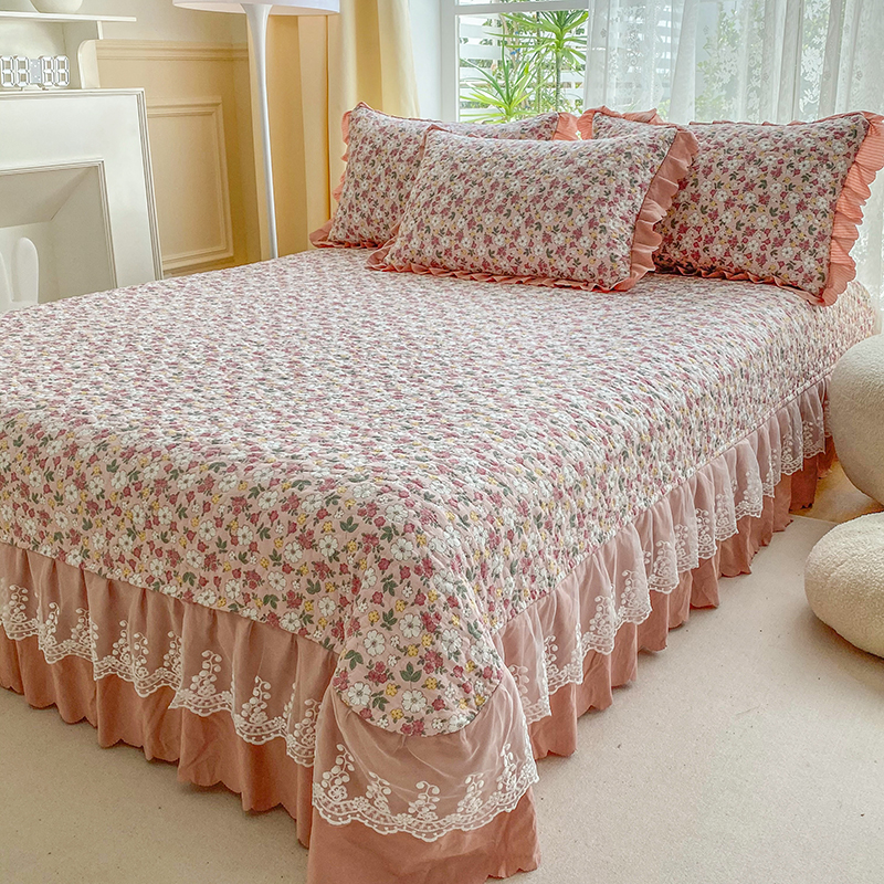 网红夹棉床盖水洗棉麻韩版韩式公主风绗缝床单炕盖床盖四季通用