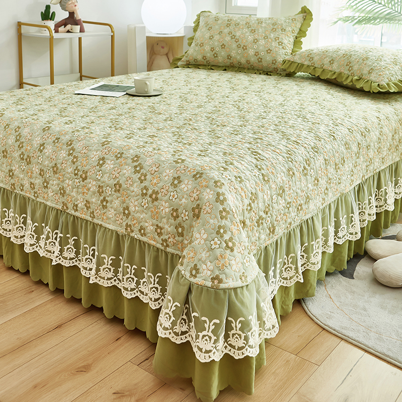双层花边夹棉防滑床盖韩式床单加厚床裙床罩绗缝床单床盖四季通用