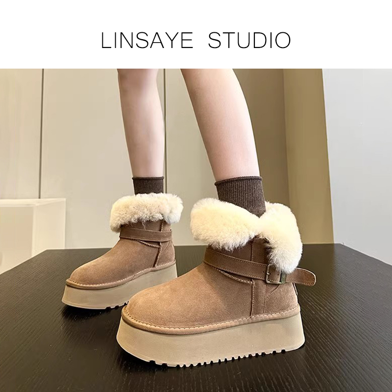 2025冬季羊皮毛一体加绒加厚短筒棉靴爆款保暖棉鞋厚底雪地靴