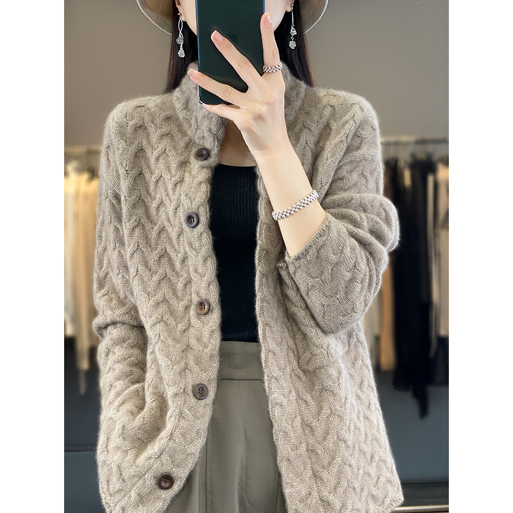 羊毛法式立领女士外套毛衣羊毛衫女24秋冬加厚灰色针织开衫