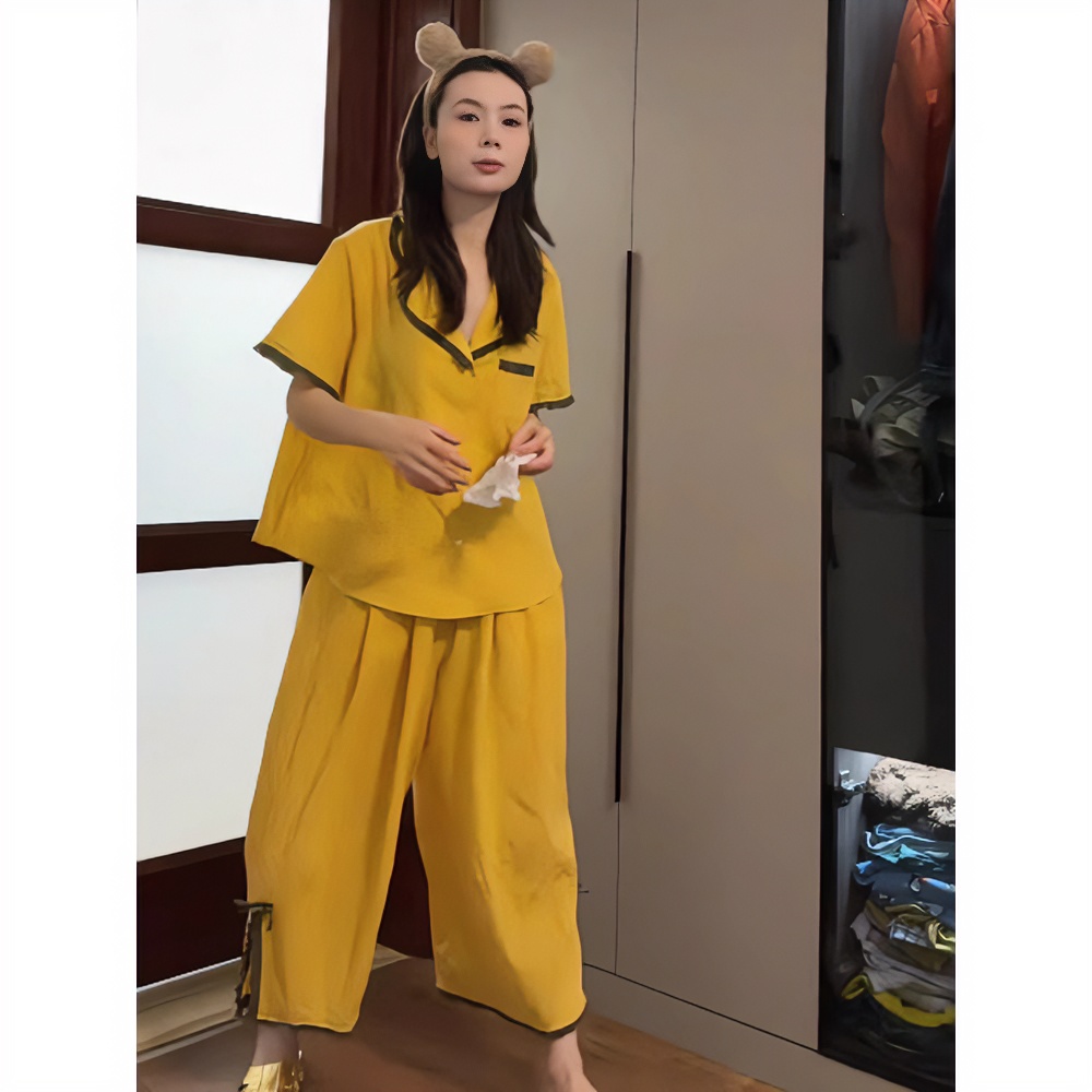 翻领波点短袖睡衣女套装薄款休闲夏季新款宽松可外穿七分裤夏天