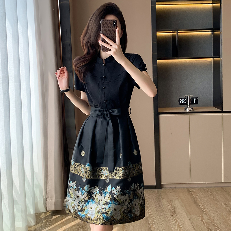 新中式汉服女装法式2024夏季高端国风黑色刺绣提花拼接短袖马面裙