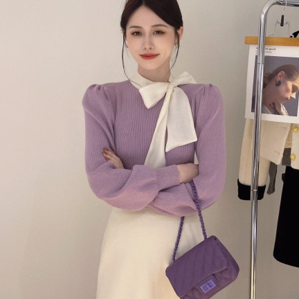 现货】秋冬新款法式蝴蝶结针织打底衫女韩系别致上衣温柔毛衣A9-29