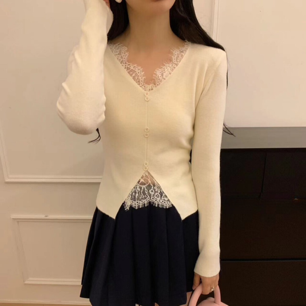 2025法式秋冬季新款时尚气质蕾丝拼接显瘦长袖短款针织衫F9-28