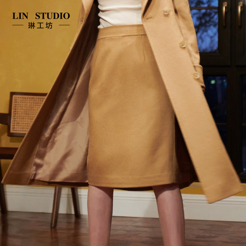琳工坊驼色水波纹半身裙秋冬毛呢高档包臀裙短裙唐琳设计师