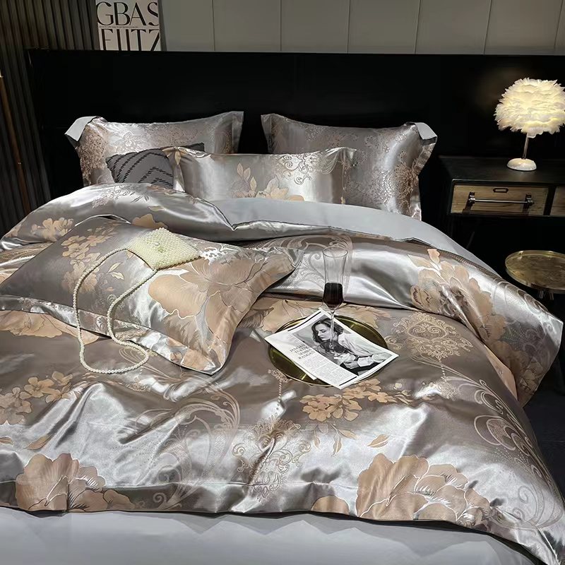 盛世牡丹 轻奢贡缎提花四件套灰色亲肤裸睡柔软被套丝滑高端欧式