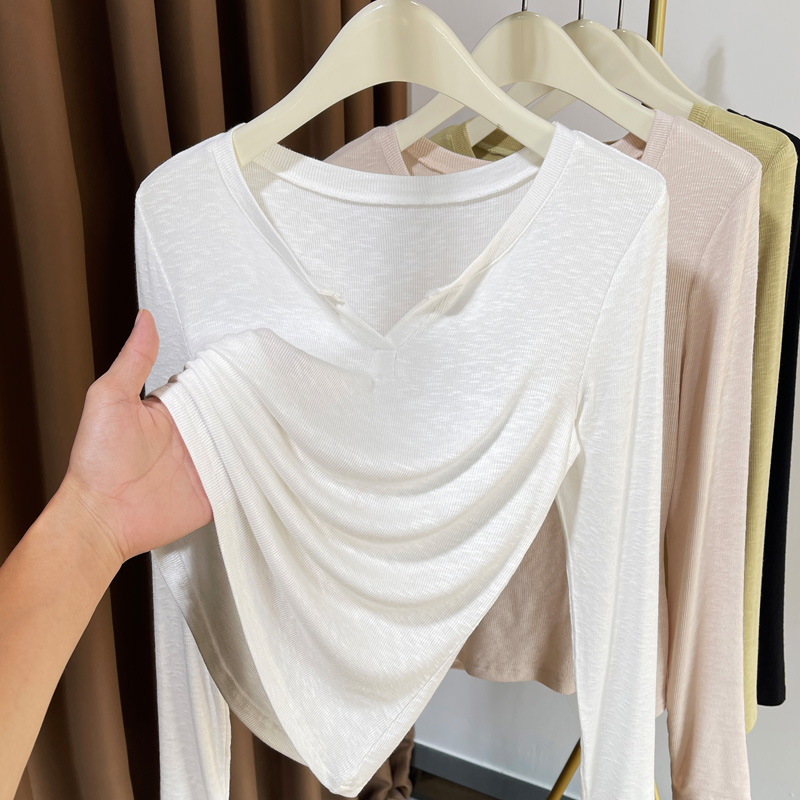 设计感洋气薄款针织螺纹打底衫女白色新款V领内搭长袖内搭小衫