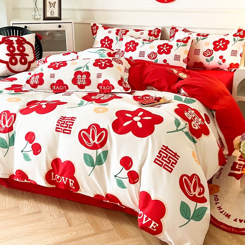 新款婚庆四件套婚床新婚大红结婚床单被套加厚床笠三件套床上用品