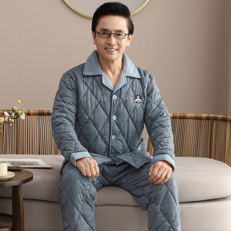 中老年人爸爸睡衣男士冬季三层加厚夹棉中年纯棉秋冬款家居服套装