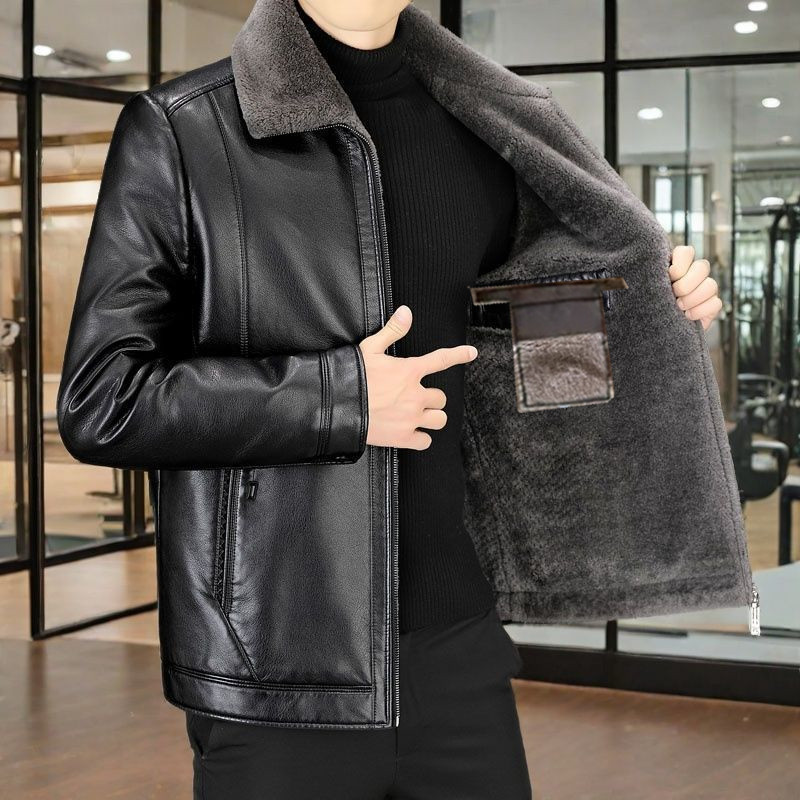 海宁保暖软皮男士皮衣外套秋冬中老年加绒皮毛一体保暖防寒皮夹克