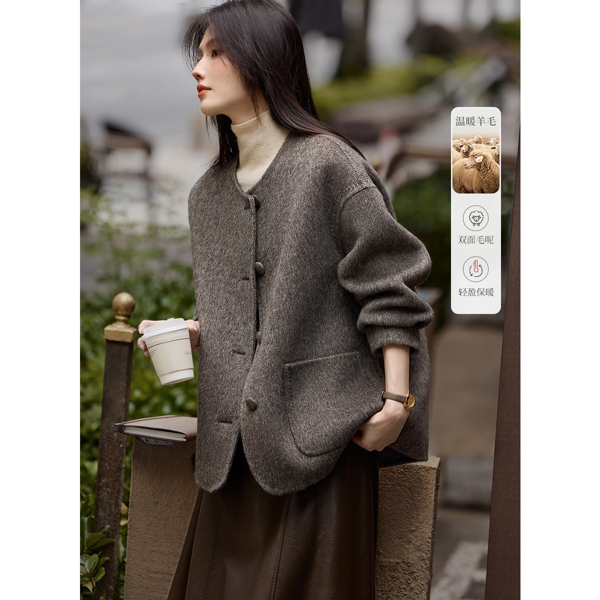 XWI/欣未刺绣设计双面绵羊毛大衣25冬优雅百搭不挑身材毛呢外套
