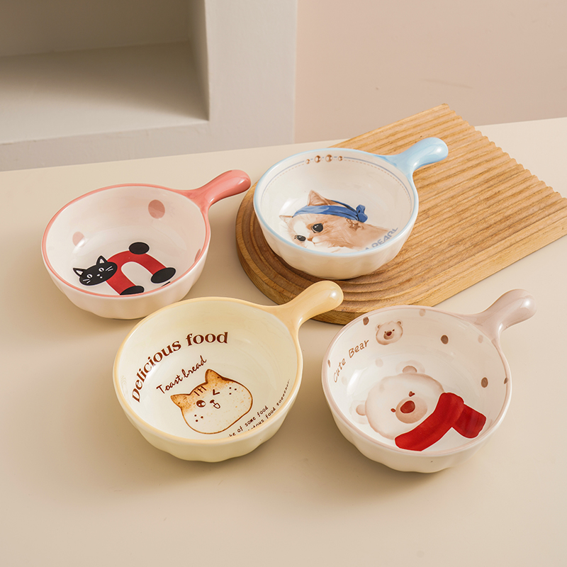 卡通陶瓷手柄碗6寸个人专用碗家用2024新款网红大号泡面碗带手柄